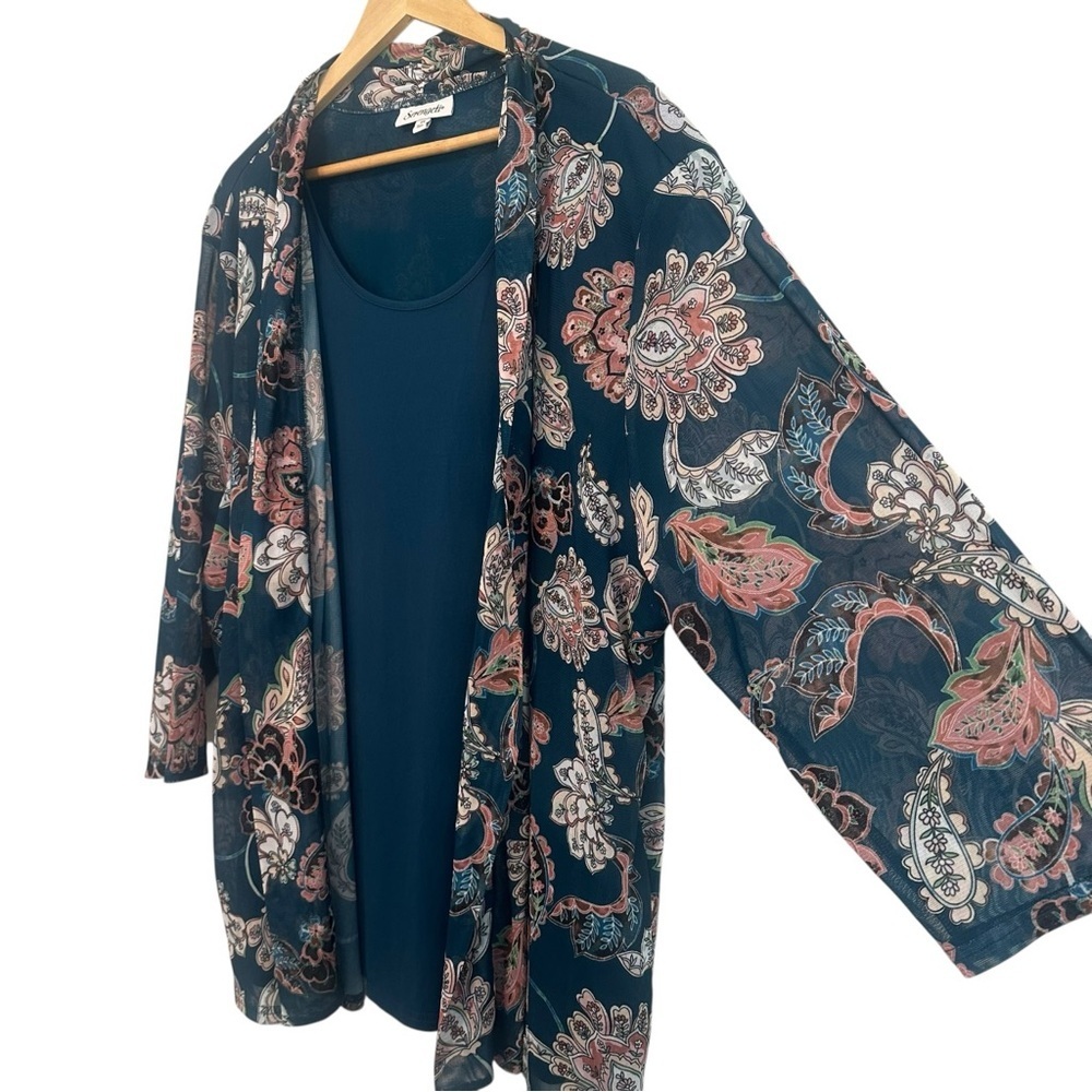 Women's 2X Layered Mesh Floral PLUS Work Casual 3/4 Sleeve Stretchy Soft Blouse - Picture 3 of 4